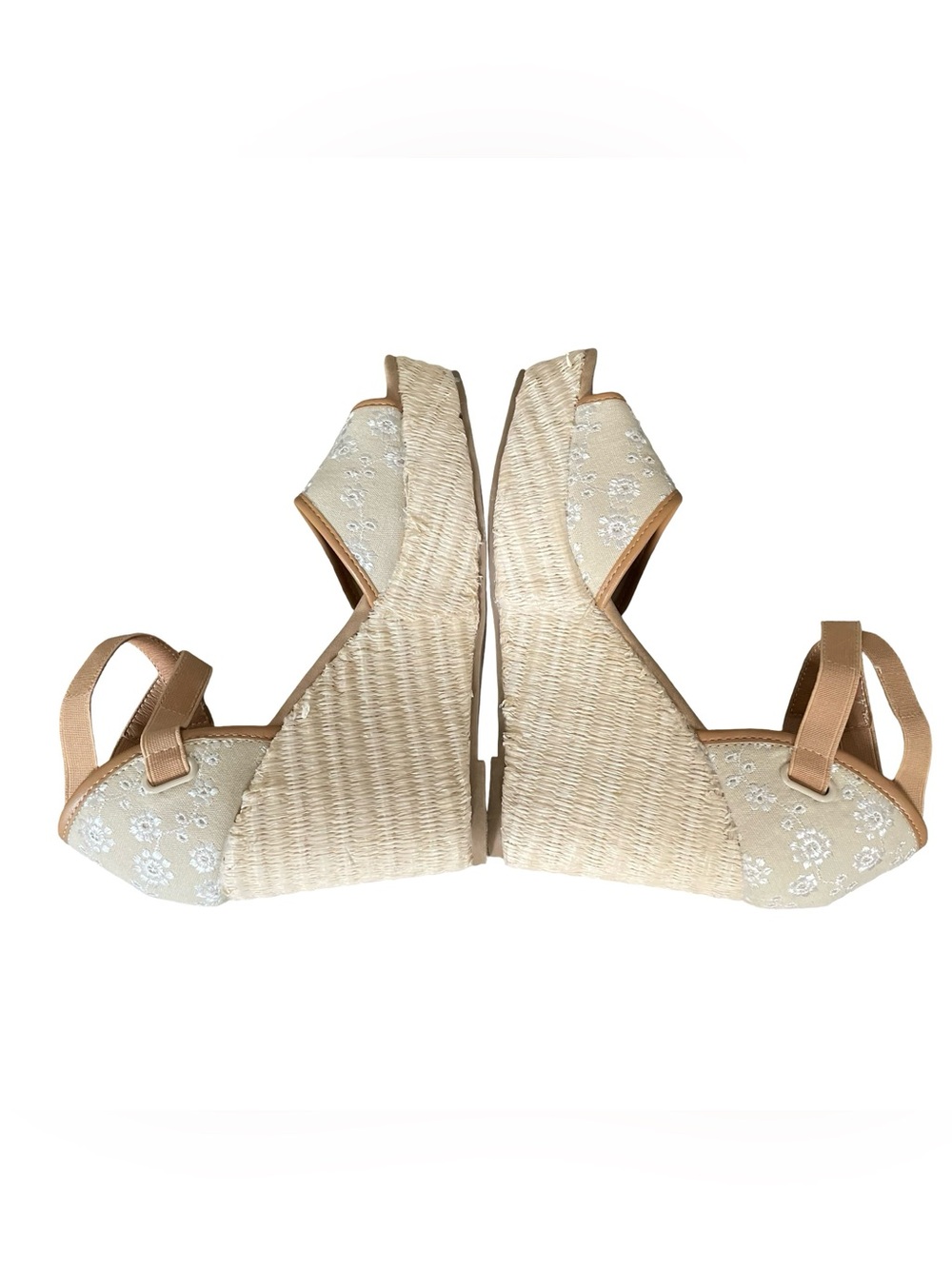 Sugar Harlow Cream Floral Embroidered Wedge Sandals with Tan Trim - Picture 5 of 9
